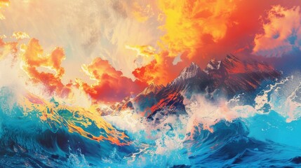 Fiery Sunset over Rugged Mountains with Crashing Waves