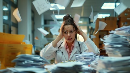 Desperate tired woman doctor in white coat in hospital office, holding her head while piles of documents clutter the desk, with papers flying around room. Concept depicts overload and excessive work.