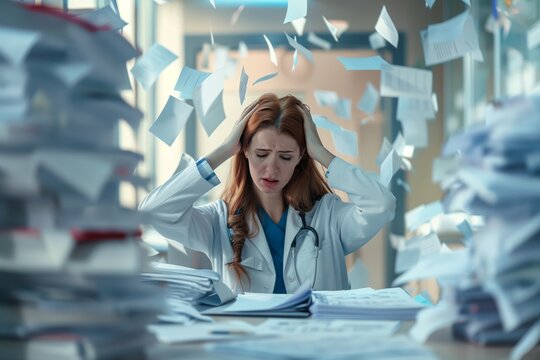 Desperate tired woman doctor in white coat in hospital office, holding her head while piles of documents clutter the desk, with papers flying around room. Concept depicts overload and excessive work.