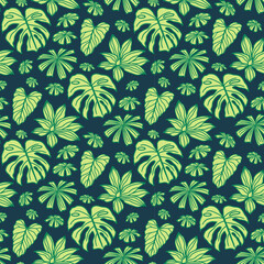 Tropical Leaves Seamless Vector Pattern, Exotic Jungle Background, Modern Line Art Wallpaper and Textile Design 