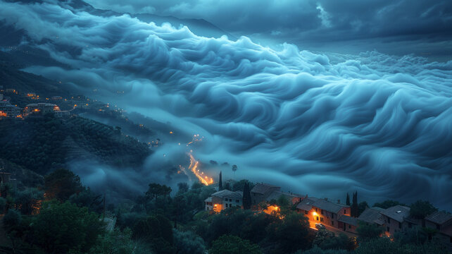 Enchanting village submerged in luminous sea of clouds.generative ai