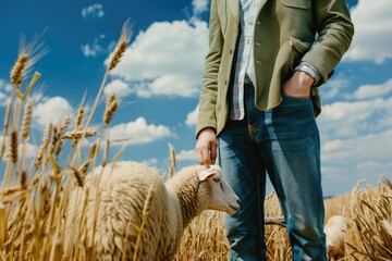 a british man with a shepherd is feeding a sheep. field with wheat. country road --ar 3:2 Job ID: da6993a8-f1b1-47af-b956-e68e28b09d9a - obrazy, fototapety, plakaty