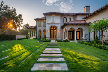 Majestic newly built residence with a lush lawn, stone walkway, leading to an opulent front porch and doorway, captured in morning light. - obrazy, fototapety, plakaty