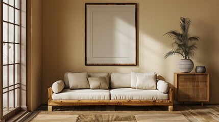 Beige living room interior with sofa and white wall mock up, 3d render