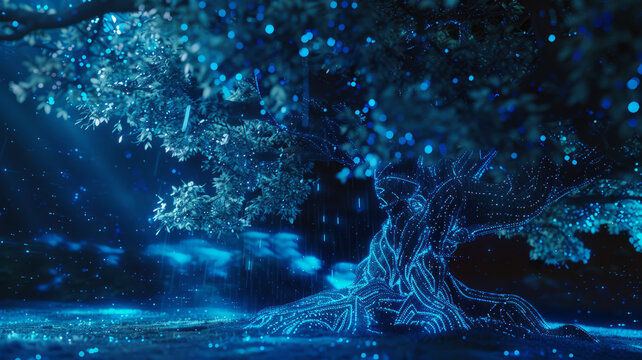 Futuristic interactive Unilever poster, themed 'Wisdom Tree,' in cool blue.generative ai