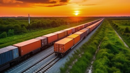 Aerial view of a freight train. Rail freight transportation as one of the most important engines of trade and economy - obrazy, fototapety, plakaty