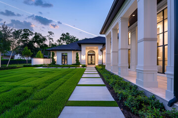 Fototapeta na wymiar Pristine exterior of a high-end home with vibrant grass, elegant walkway, leading to a beautifully designed porch and entrance, under soft evening light.