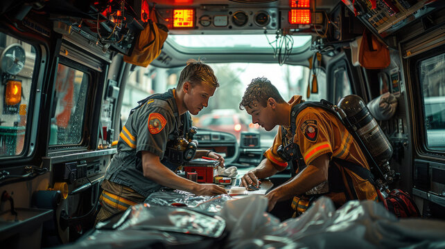 Firemen working inside an emergency vehicle,generative ai