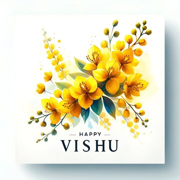 Watercolor illustration for vishu with yellow konna flowers.