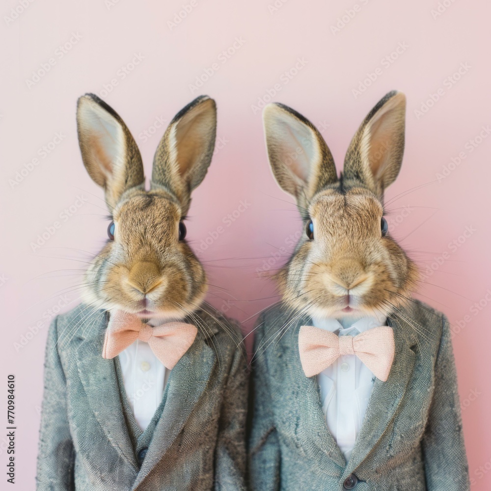 Poster Two rabbits dressed in suits and bow ties. Generative AI.