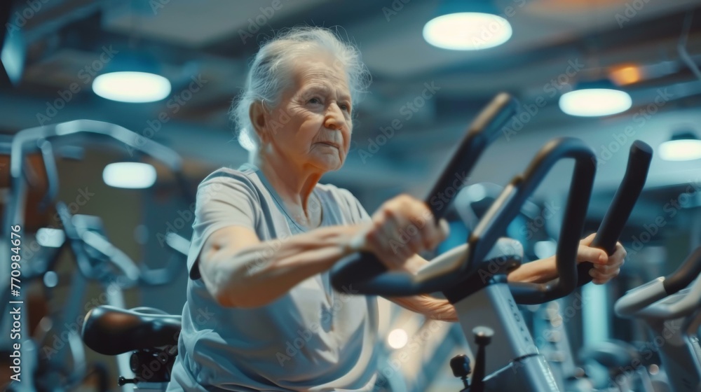 Wall mural An elderly woman is riding an exercise bike in a gym. Generative AI.