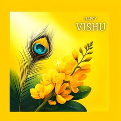 Watercolor illustration with peacock feather and konna flower for vishu celebration.