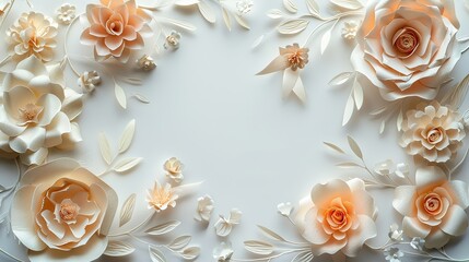 Elegant floral frame, featuring cream and peach colored paper flowers with delicate foliage