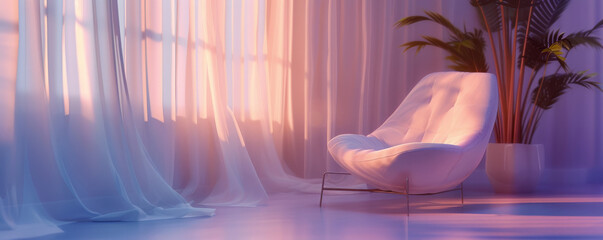 Modern chair in a room bathed in warm sunlight with sheer curtains and a potted plant. Minimalist interior design concept. Soft focus photography with a relaxing atmosphere and copy space