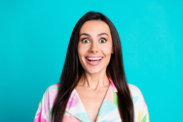Photo of pretty young woman open mouth cant believe wear shirt isolated on teal color background