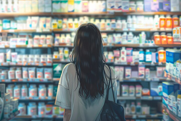 A woman is looking at the medicine aisle in a store