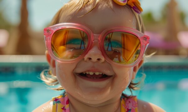 A little girl wearing sunglasses and a pink swimsuit in a pool. Generative AI.