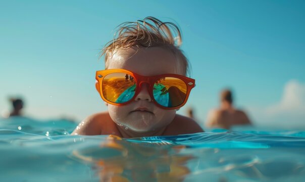 A baby wearing sunglasses in the water with other people. Generative AI.