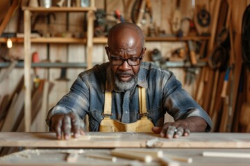 Elderly African American man sanding wood in a woodworking workshop. - obrazy, fototapety, plakaty