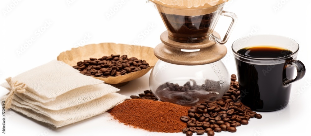 Poster A coffee maker with a cup of coffee, coffee beans, and filters displayed on a white background. These kitchen appliances and ingredients are essential for making a delicious cup of coffee