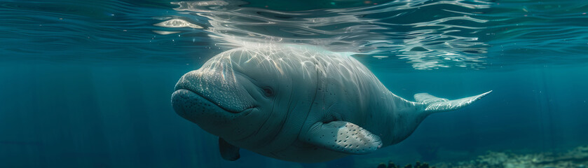 A Dugong swimming in the blue sea