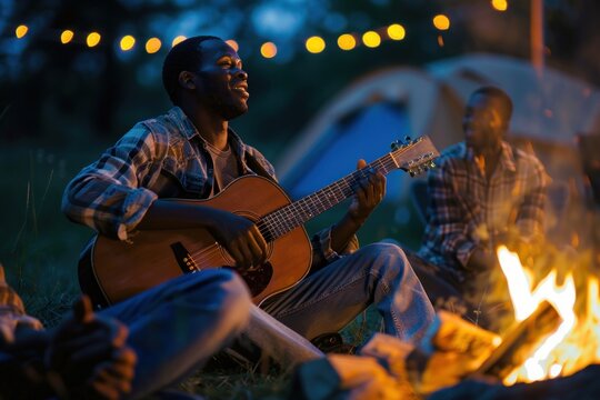 African American man joyfully playing an acoustic guitar by a campfire at dusk.
