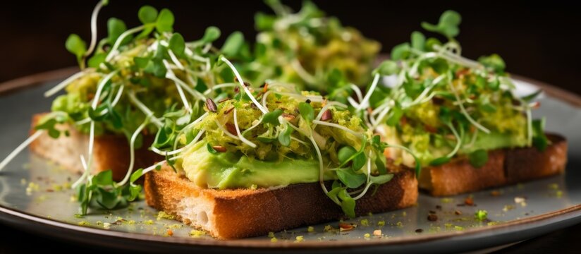 A closeup of a dish featuring avocado toast topped with sprouts, showcasing the vibrant colors and textures of this plantbased cuisine