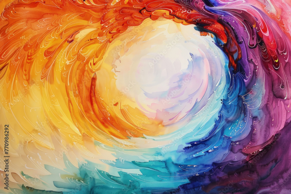 Poster abstract painting featuring vibrant swirls of colors resembling a rainbow, creating a dynamic and en