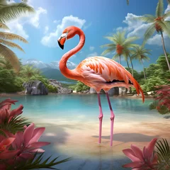 Fotobehang Flamingo in tropical paradise. 3D render. Tropical background. © Wazir Design
