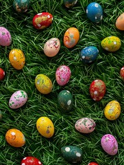 Fototapeta na wymiar colored easter eggs on green grass background.