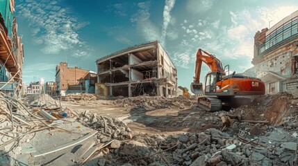 A panoramic view of a building construction site with an excavator - obrazy, fototapety, plakaty