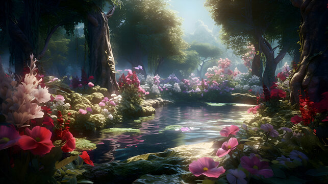 3D render of a fantasy fantasy landscape with a pond full of flowers