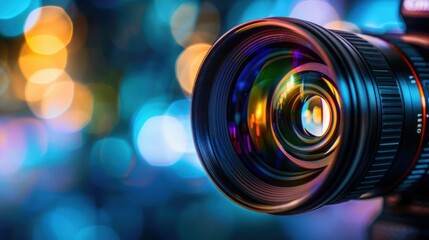 A striking image of a camera lens capturing reflections - obrazy, fototapety, plakaty