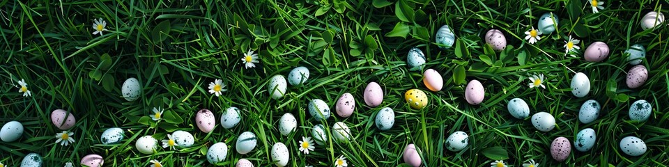 colored easter eggs on green grass background.