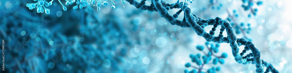 Poster a graphical representation of the dna double helix with intricate details set against a blue scienti