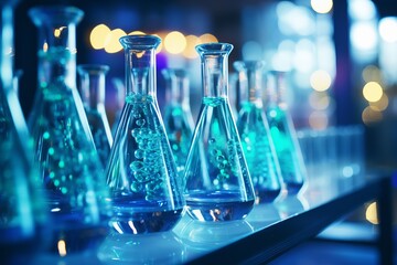 Close-up of laboratory glassware with blue chemical liquid. Perfect for educational backgrounds or captivating wallpapers. Explore scientific research with this visually stimulating image.
