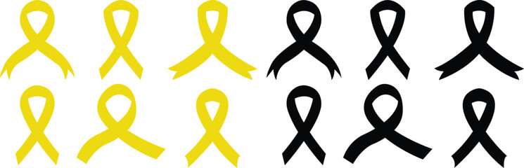 Cancer Ribbon flat icon set. Vector awareness ribbon yellow and black color isolated on transparent background. International Day of cancer, World Cancer Day. Design template element for graphic. - obrazy, fototapety, plakaty