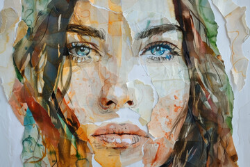 A detailed watercolor painting captures a womans face with striking blue eyes and a blend of vibrant colors