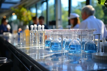 Close-up of blue liquid in glass beakers on table with blurred background of people in lab coats. Science and chemistry concept with modern laboratory glassware and equipment.