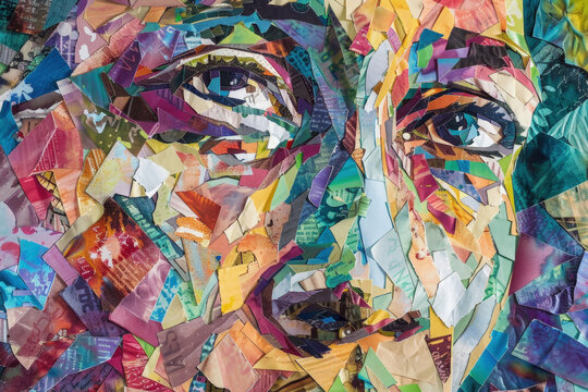 A vivid mosaic portrait with an intense gaze made from a vibrant patchwork of varied textured paper