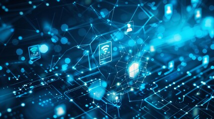 A digital blue backdrop adorned with various technology symbols