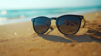 Close-up black sunglasses on sandy beach background