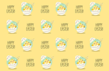Vector design of Easter pattern of cute Easter chick on yellow background