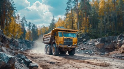 A massive quarry dump truck loaded with coal, sand, and rock