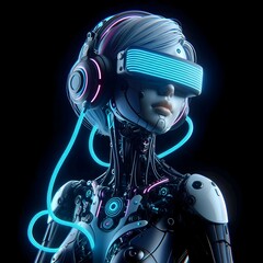 Advanced robot with the appearance of a beautiful woman wearing vision pro glasses.