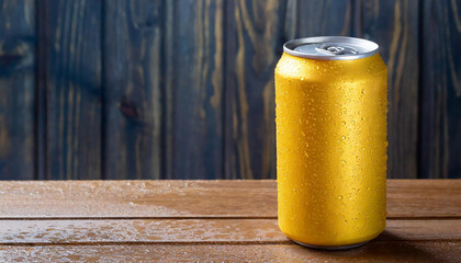 Yellow aluminum can with condensation drops on wooden table. Beer or soda drink package. - obrazy, fototapety, plakaty