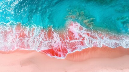 waves on the sandy beach, crushing, ocean, summer, red, birds eye view, drone - obrazy, fototapety, plakaty