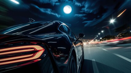 Luxury sports car in motion on a city road with city lights blurred in motion, racing sports car on...