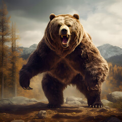 Big brown bear on the background of the autumn forest. 3d illustration