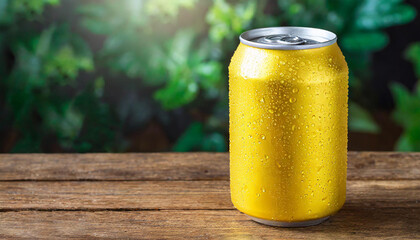 Yellow aluminum can with condensation drops on wooden table. Beer or soda drink package. - obrazy, fototapety, plakaty